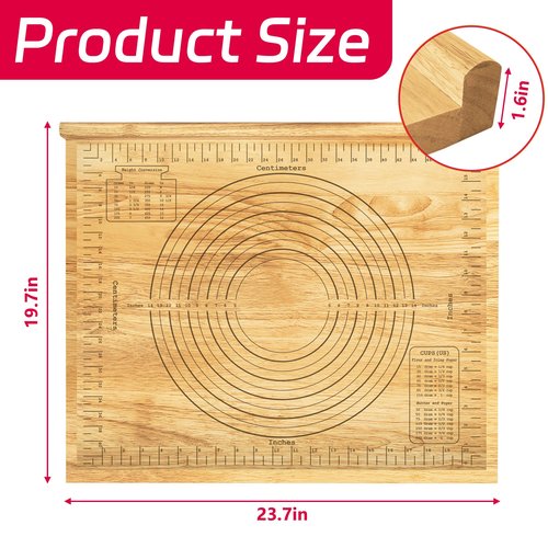 Montex Pastry Board with Measurement 24'' x 20", Wooden Kneading Board, Pastry Board for Rolling Dough, Pastry Baking Board with Counter Lip