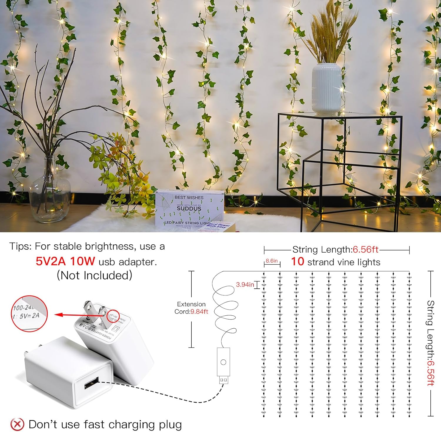 Suddus Fairy Lights Vines - 200 LED Ivy Curtain Lights for Bedroom & Party Decor | 6.5ft x 6.5ft