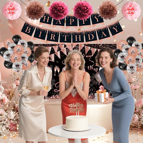 JKIYT Happy Birthday Decorations for Women Girls, Black Rose Gold Birthday Party Decor Include Sash and Crown, Balloons, Banner, Backdrop, Cake Topper & 6pcs Paper Pom Poms (Black rose gold)
