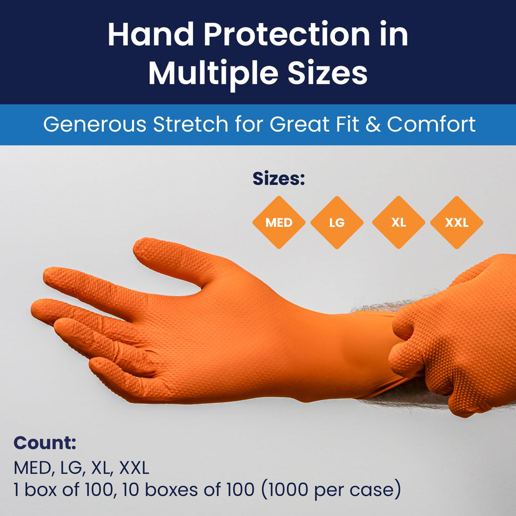 Adenna ProWorks CATCH Disposable Nitrile Gloves – 9 Mil, Heavy Duty Work Rubber Glove with Raised Pyramid Grip, Non–Latex & Powder Free, Pack of 100, Large, Orange