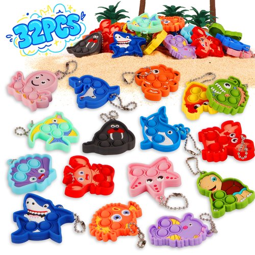 Ksmky 32PCS Sea Animal Pop Fidget Toys Bulk, Mini Pop Keychain,Party Favors for Kids, Goodie Bag Stuffers,Classroom Prizes,Treasure Box Toys
