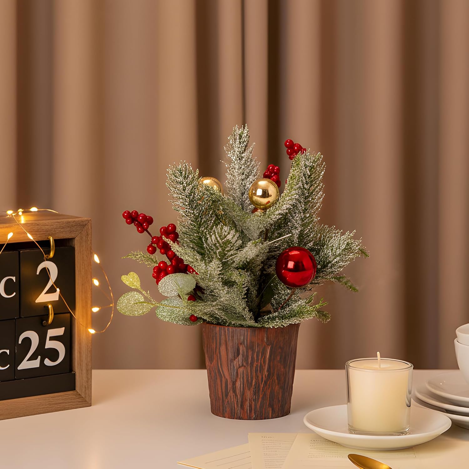 Skiennix Mini Christmas Tree - Tabletop Xmas Tree with Lights & Ornaments | Perfect Holiday Centerpiece