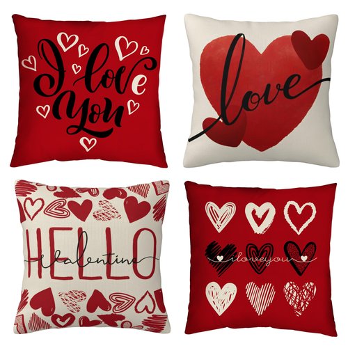 AGAXOZW Valentine's Day Throw Pillow Covers Set of 4, 18x18 Inches Love Heart Pillow Covers Home Décor for Sofa Couch Bedroom Valentines Day Decorations