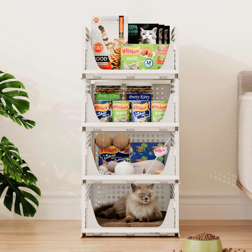 Pinkpum Stackable Plastic Storage Bins - 5 Pack Closet Organizers for Home & Office | White