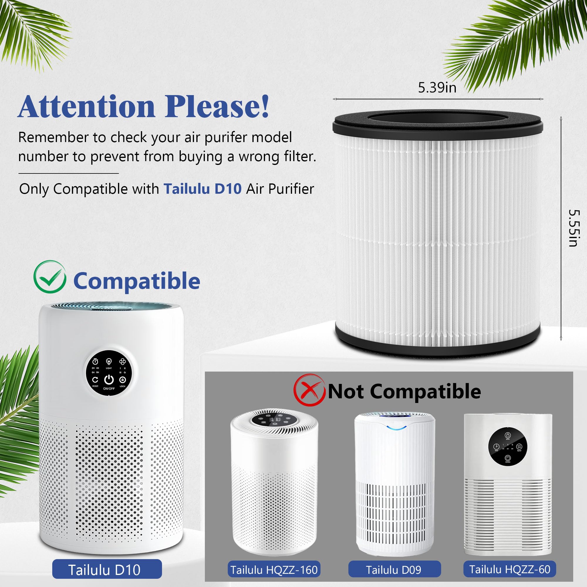 XBWW 2 Packs D10 Replacement Filters Compatible with Tailulu D10 Air Purifi-er, 3-in-1 Filter of D10 Premium Filter, Activated Carbon Filter with Extra 6 Pieces Aroma Pads
