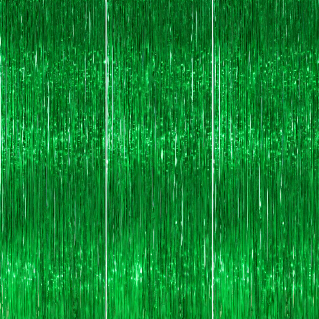 PartyWoo Green Streamers | 3-Piece Tinsel Foil Fringe Curtains - 8.2 FT Backdrop for Graduation & Birthday Parties