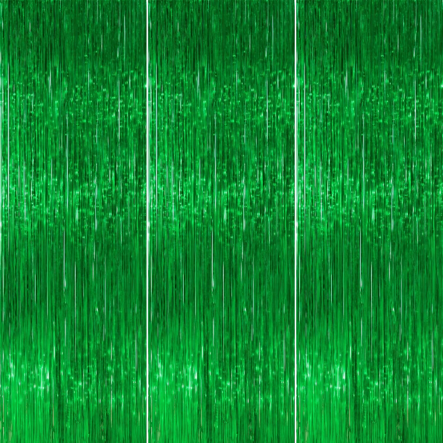 PartyWoo Green Streamers | 3-Piece Tinsel Foil Fringe Curtains - 8.2 FT Backdrop for Graduation & Birthday Parties