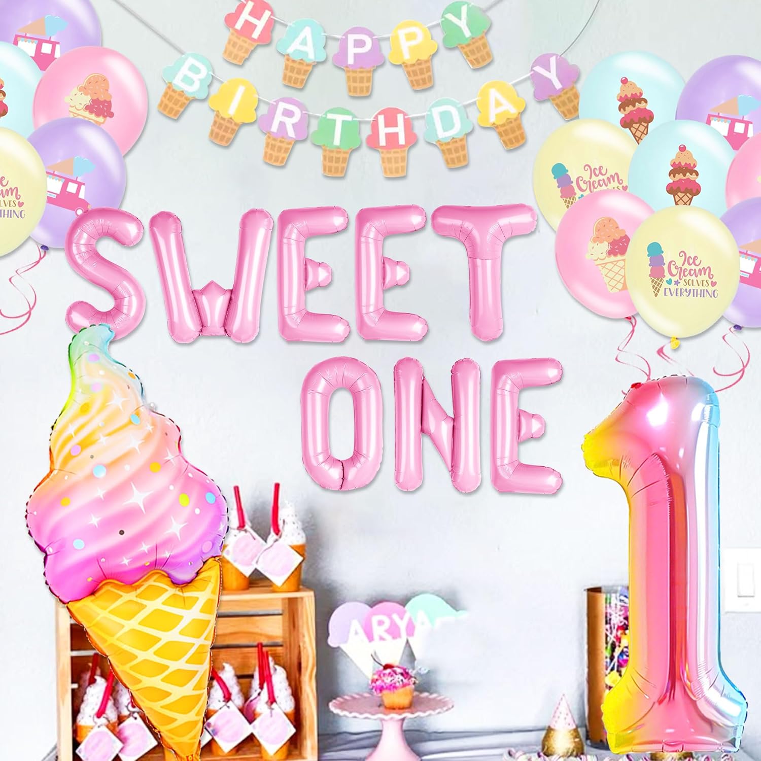 Sweet One 1st Birthday Decorations for Girls - Donut & Ice Cream Theme Party Supplies Set