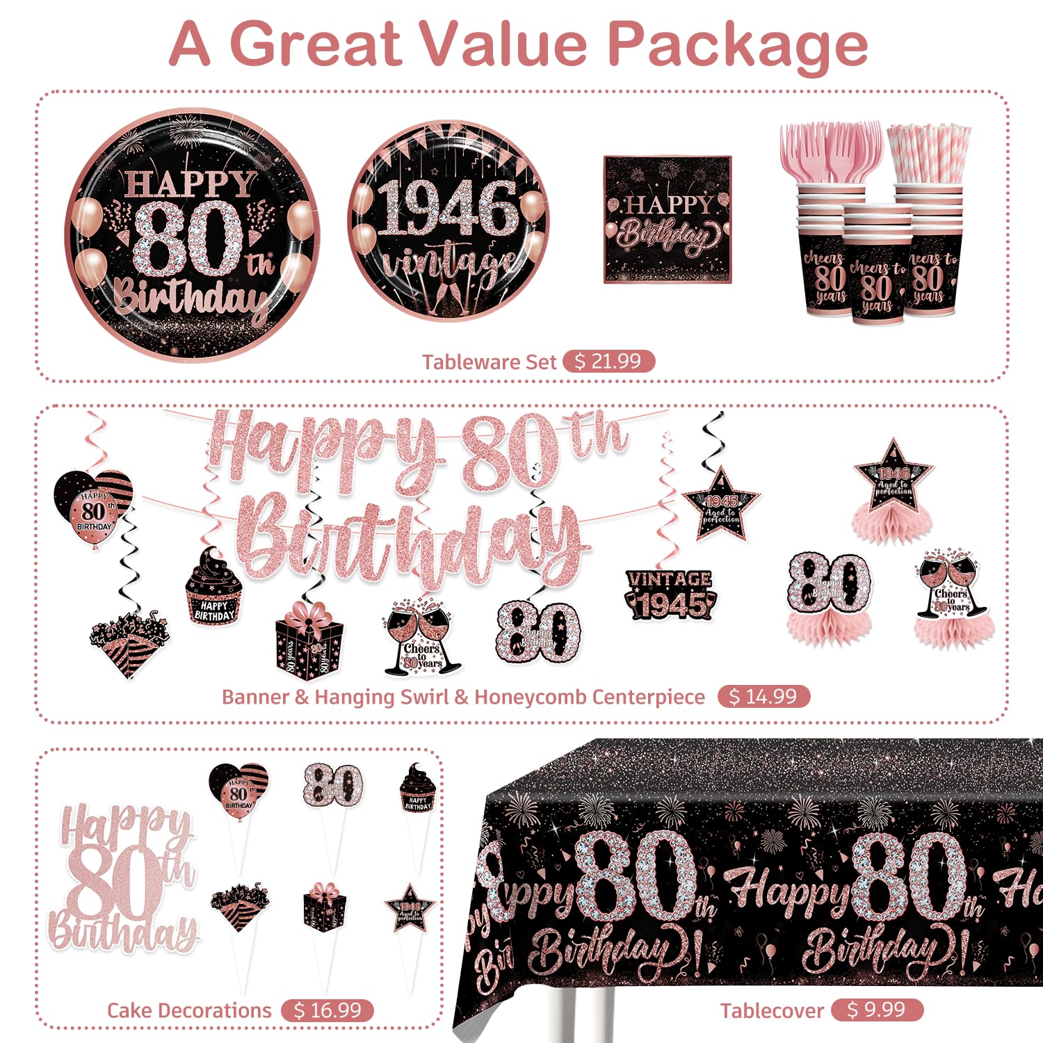 Yingoto 170pcs 80th Birthday Decorations for Women Tableware Set, 1946 Birthday Decorations with Banner Plates Napkins Cups Tablecloth and Cake Topper for 80th Birthday Decorations, Serve 25