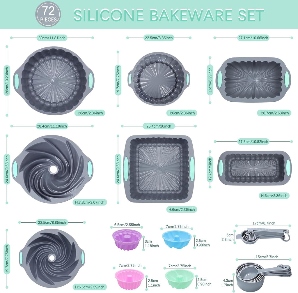 Tongjude Silicone Bakeware Set - 72 Pieces Nonstick Kitchen Baking Pans with Easy Release | Grey