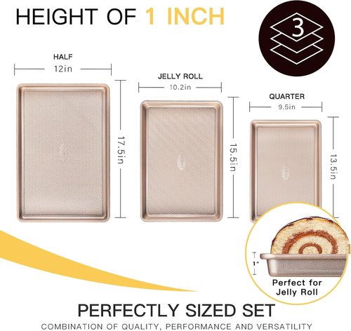 HONGBAKE Nonstick Baking Sheet Pan Set - Heavy Duty Cookie Trays in Champagne Gold | 3 Sizes Included
