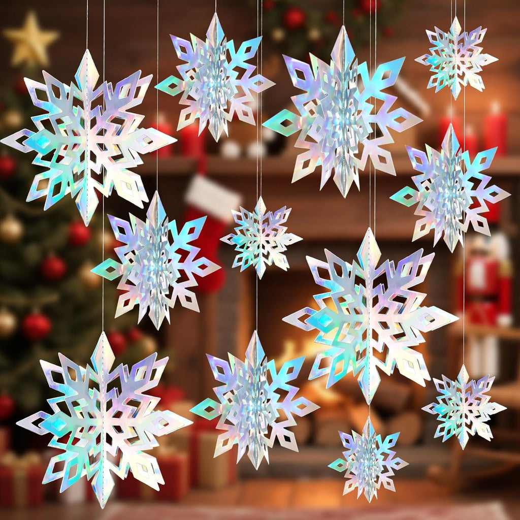 Skiennix 12PCS 3D Hanging Snowflake Decorations - Glitter Holographic Silver Ornaments for Winter Wonderland Holiday Decor
