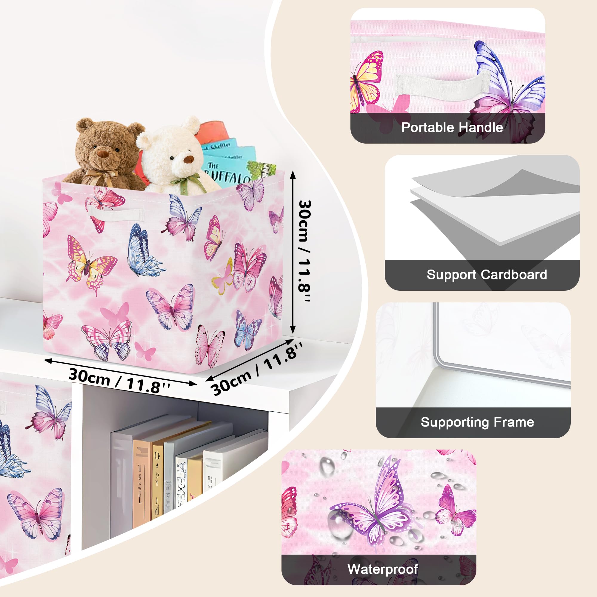 Clastyle Butterfly Kid Storage Cube Organizer Set Watercolor Closet Clothes Cube with Metal Frame Storage Bin Nursery Toddler Toy Box Chest Girl Book Shelf Basket, Pink, 11.8x11.8x11.8 in