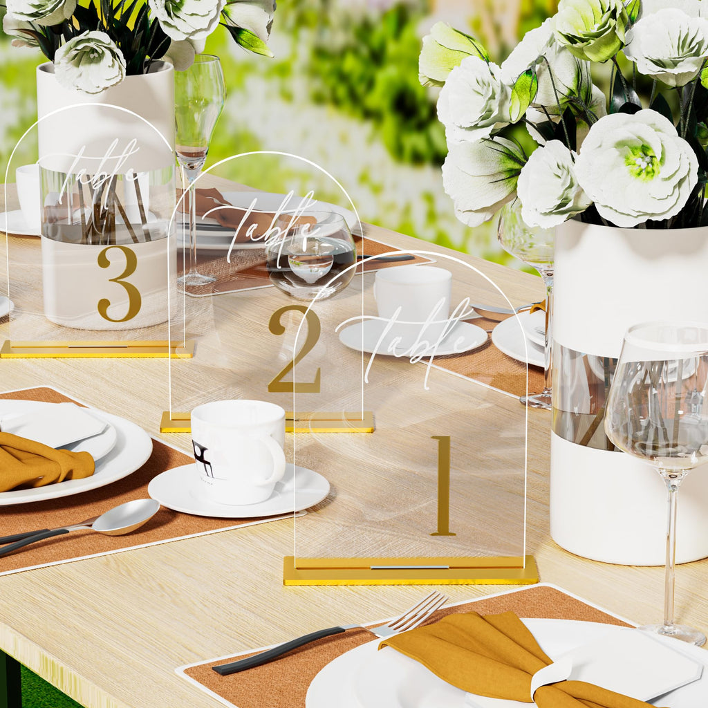 iFaveorr Arch Wedding Table Numbers 1-10 with Stands, Elegant Gold Number 5.5 x 7” Arch Acrylic Signs with Holders, Clear Acrylic Table Numbers for Wedding Reception, Anniversary, Party, Events