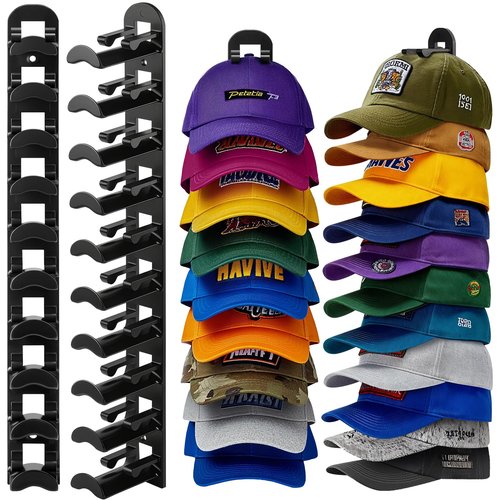 2 Pack Hat Organizer for Baseball Caps, Hat Rack for Wall Hold Up to 20 Hats, Hat Holder with Strong Adhesive and Screws, Hat Organizer Wall Mounted Hat Hanger Display for Door Closet Bedroom(B-Black)