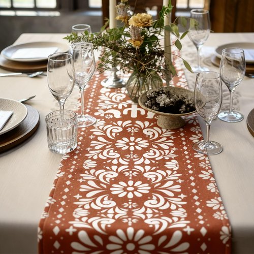 Hahafelt 12 Pcs Mexican Talavera Cielito Lindo Table Runner 71 x 13'' Linen Baby Shower Home Decor Traditional Cinco De Mayo Dia De Los Muertos Day of The Dead Fiesta Party Decoration Supplies (Brown)
