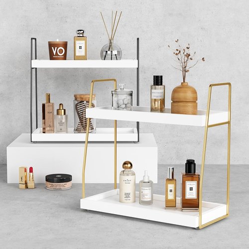 Forbena Bathroom Organizer - Elegant 2-Tier Countertop Storage for Makeup & Skincare | White & Gold