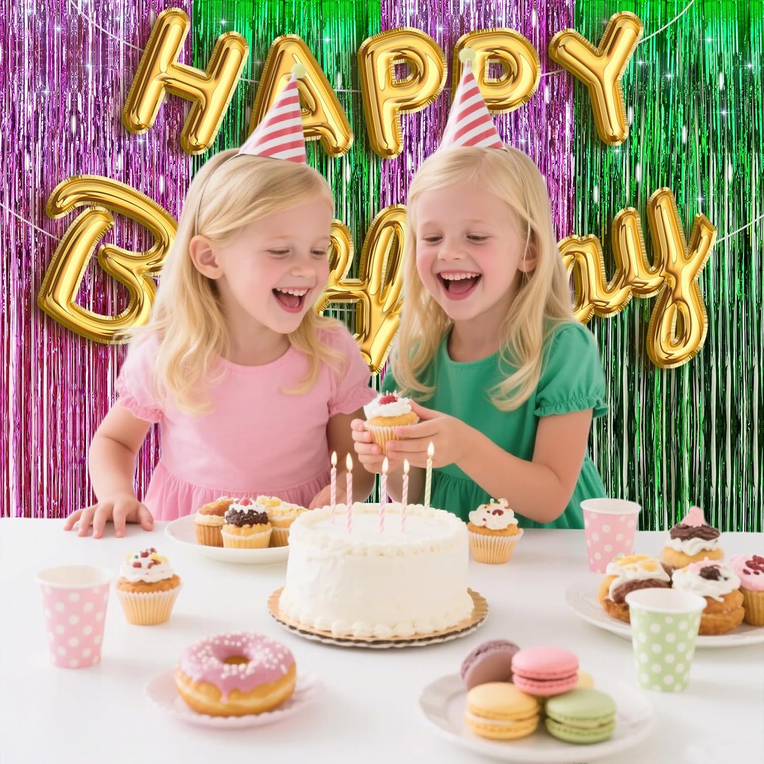 Skiennix Pink & Green Tinsel Curtain | Foil Fringe Backdrop for Birthday & Baby Shower Decor