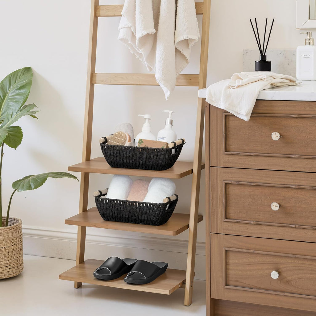 StorageWorks Black Wicker Storage Baskets - Small Woven Organizers with Wooden Handles | 2-Pack