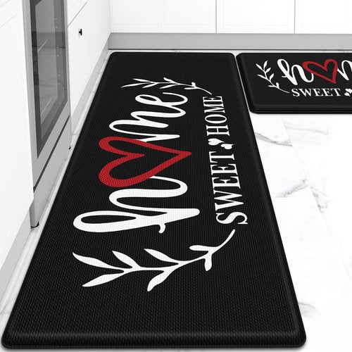 HappyTrends Kitchen Mat for Floor, 2PCS Cushioned Anti-Fatigue Kitchen Rugs, Waterproof Non-Slip Standing Mats and Rugs Set for Kitchen, Office, Laundry, Black, 17.3"×30"+17.3"×47"