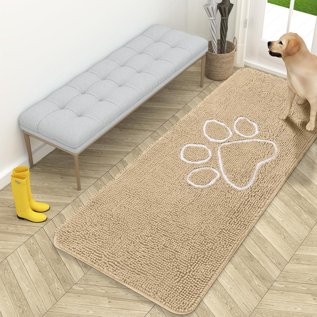 OLANLY Dog Door Mat - Absorbent Non-Slip Chenille for Muddy Paws | 59x24 Beige Paw Print Design