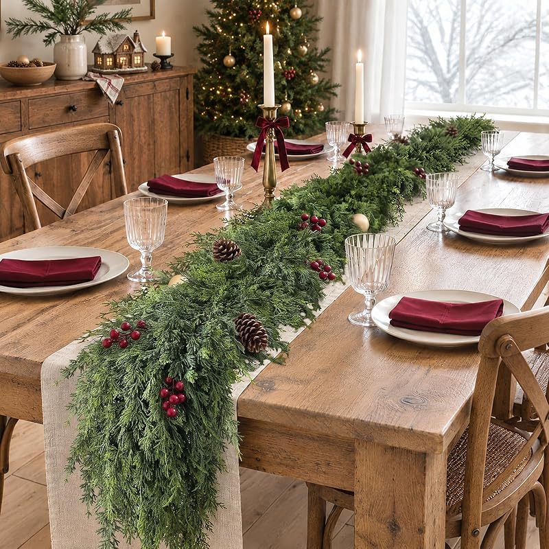 1Pcs 9FT Artificial Cedar Garland for Mantle Decor - Lifelike Touch, Christmas