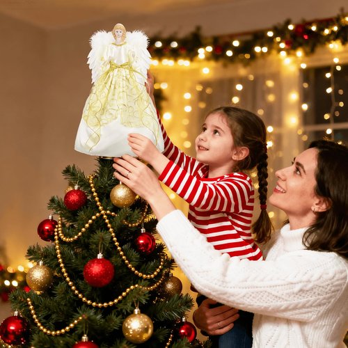 16 Inch Angel Tree Topper, Large Christmas Tree Topper Angel with Lights Decorations Battery-Powered Angel Ornaments for Christmas Tree with Feather Wings Xmas Tree Toppers Indoor Decorations-Gold