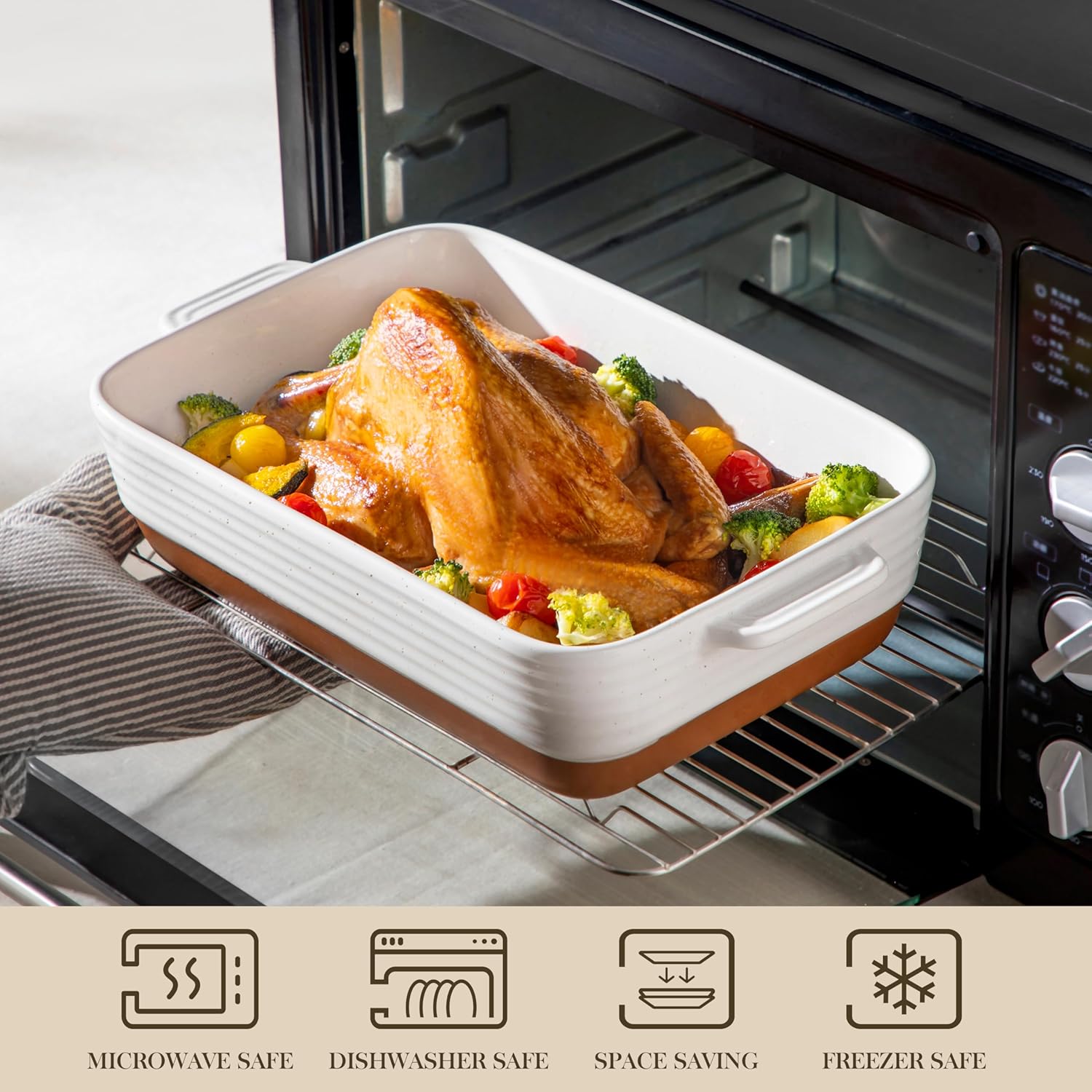 MALACASA Casserole Dishes Set - Ceramic Baking Pan Set of 3 with Handles - Rectangular Lasagna Dish in Khaki White (14.5''/13''/10.5'') | Series TARA