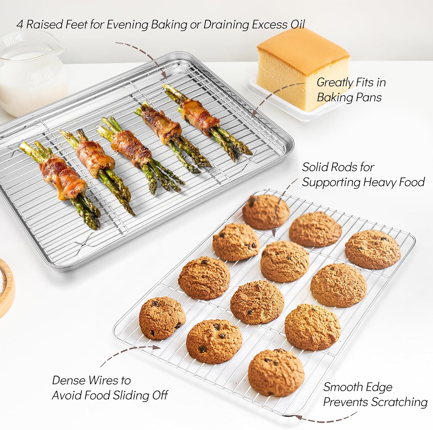 TeamFar Baking Sheet Set - Stainless Steel Cookie Pans with Racks | Non-Toxic, Easy Clean, Dishwasher Safe - 4 Pack