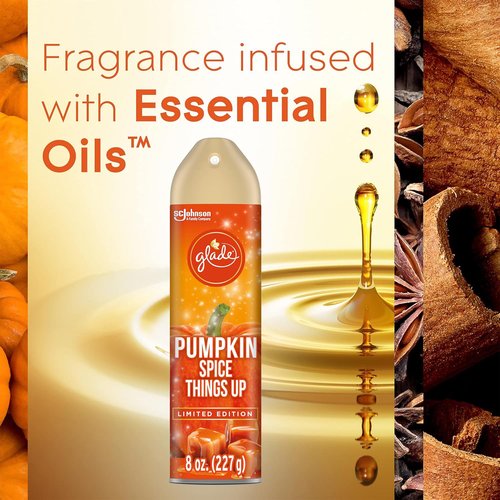 Glade Pumpkin Air Freshener, Pumpkin Spice Things Up, 3 Pack, Odor Eliminator, Fall Seasonal Scent, Halloween, Thanksgiving, Christmas Holiday Fragrance Spray, Cozy Autumn Air Freshener, 8 oz Each
