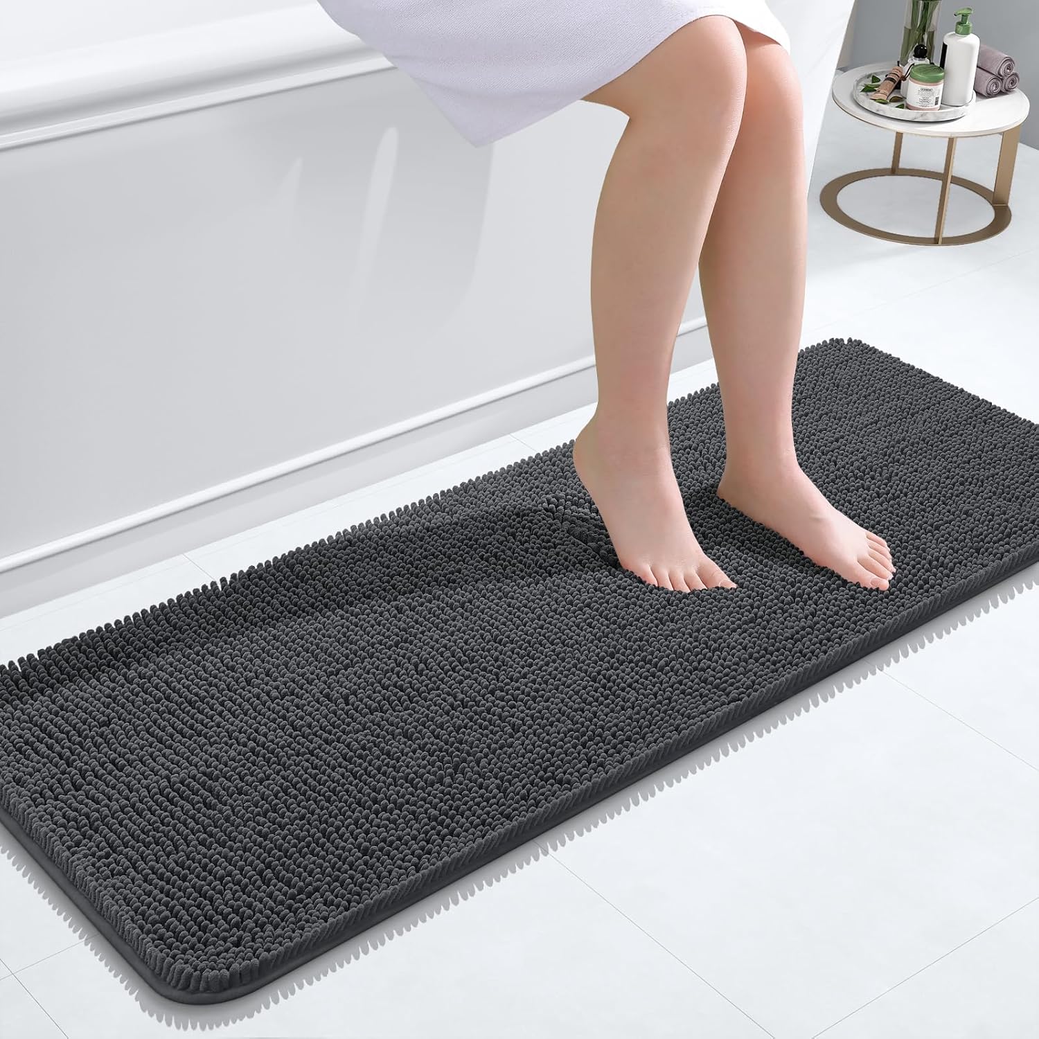 OLANLY Bathroom Runner Rugs - Soft Absorbent Chenille with Rubber Backing | Quick Dry, 47x17, Dark Grey