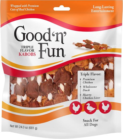 Good ‘n’ Fun Triple Flavor Kabobs - Long-Lasting Chews for Dogs | 24 Ounces of Beef Hide, Chicken & Pork