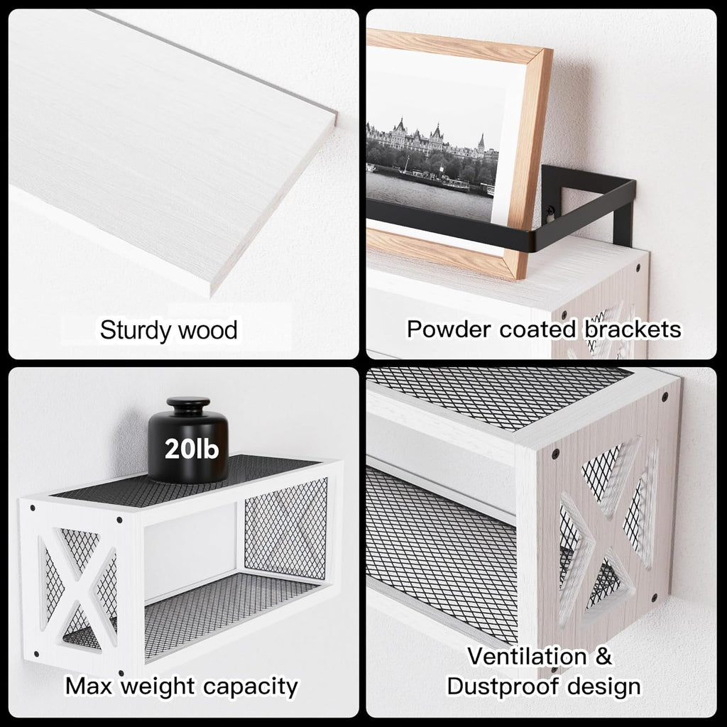 RICHER HOUSE Floating Shelves - Rustic Wood Wall Décor with Guardrail for Bathroom & Kitchen - White