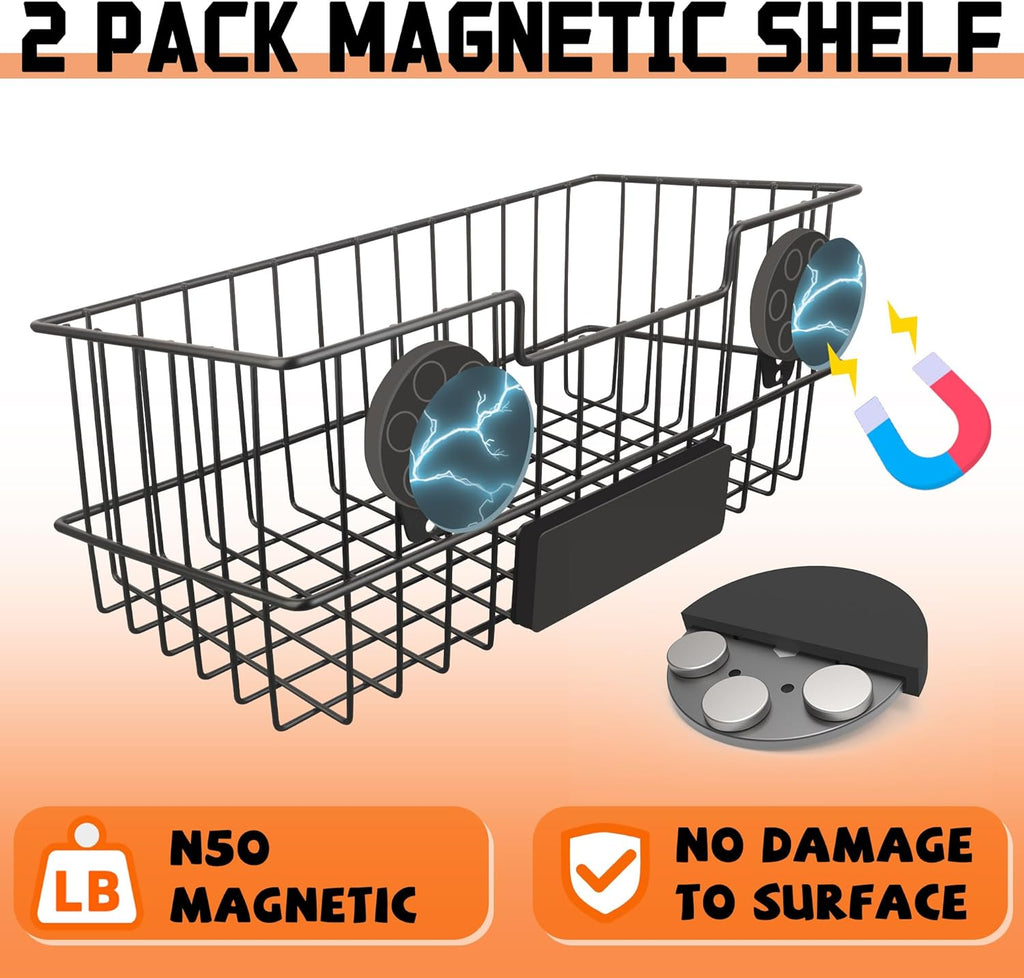 ULIBERMAGNET Magnetic Baskets - Large Capacity Metal Wire Organizer for Garage, Kitchen & Workshop (2 Pack)