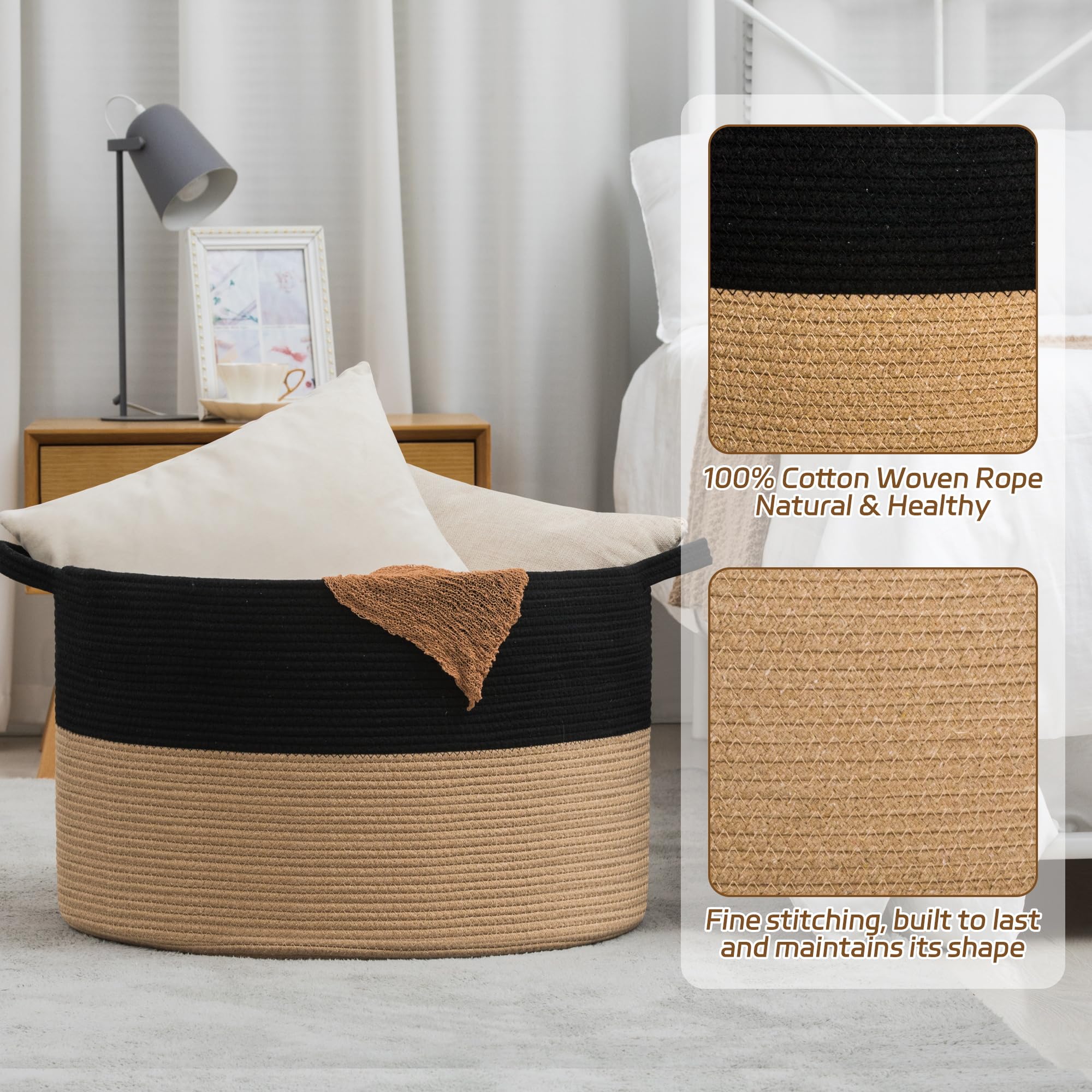 Gosipeya XXXLarge Woven Cotton Rope Basket (21.7" x 13.8") – Blanket Basket for Living Room, Laundry Hamper, Baby Laundry Hamper, Toy Storage, Pillows & Cushions Organizer (Black&Brown)