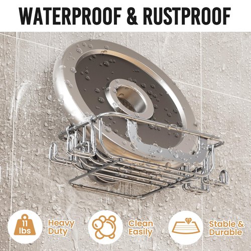 LEVERLOC Bar Soap Holder Dish with Hooks, Soap Tray Suction Cup Wall Mounted for Shower, Stainless Steel Sponge Holder Caddy for Bathroom Kitchen Sink Organizer, Rustproof, Silver