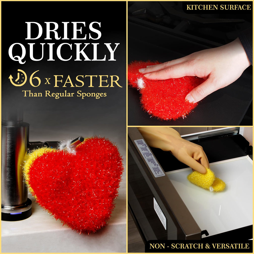 Dish Scrubber–Long Lasting, Non-Scratch, Odorless & Reusable Cookware Scrubber for Kitchen, Bathroom, and Floor–Big & Durable Alternative to Rags & Sponges, Heart Shape (3PK)