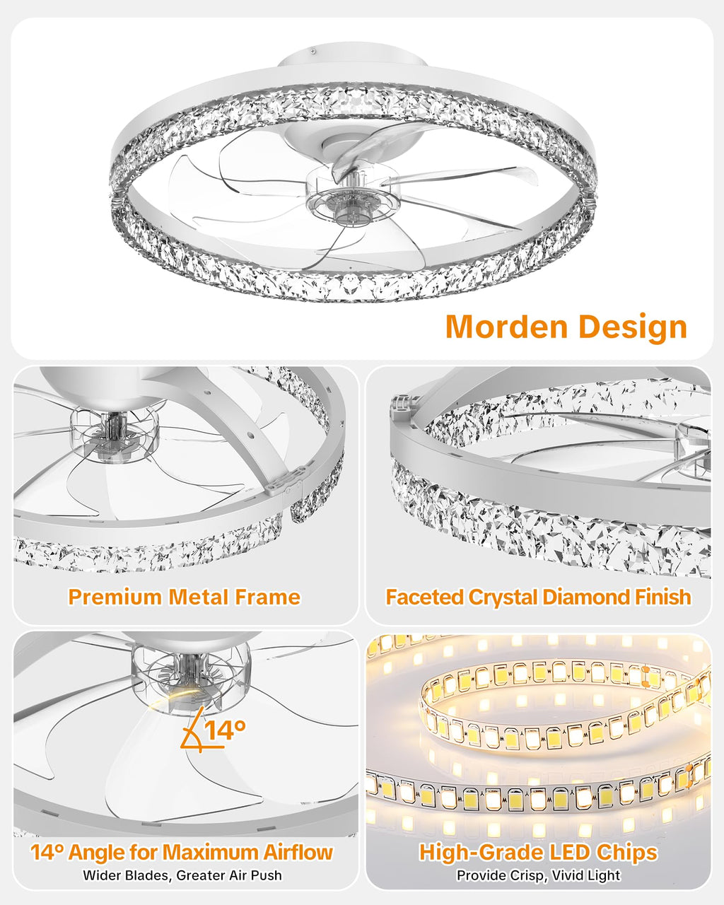 Aphyni Ceiling Fans with Lights and Remote Low Profile Flush Mount LED Ceiling Fan with Lights 3000K-6500K Dimmable Foldable Fandelier Light 6 Wind Speeds Night Light for Bedroom Living Room White