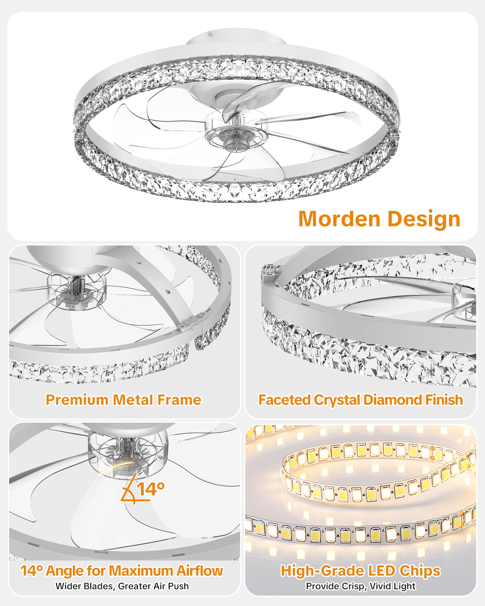 Aphyni Ceiling Fans with Lights and Remote Low Profile Flush Mount LED Ceiling Fan with Lights 3000K-6500K Dimmable Foldable Fandelier Light 6 Wind Speeds Night Light for Bedroom Living Room White