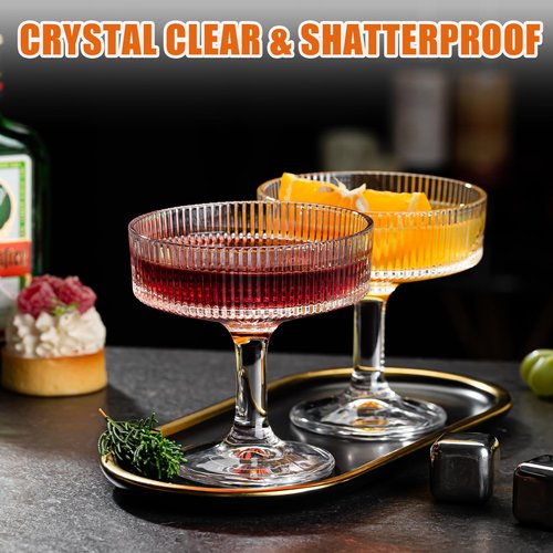 wookgreat 12 Pcs Martini Glasses, 6.7oz Crystal Champagne Tower, Art Deco Ribbed Coupe Glasses, Stem Cocktail Glassware Set, Margarita Cups, Heavy Base Bar Glassware for Martini, Gimlet, Manhattan