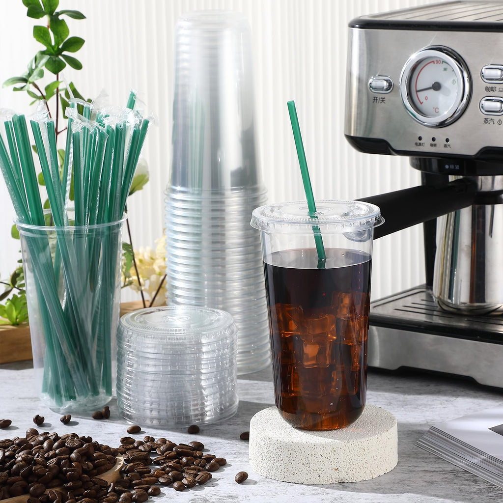 Baderke 25 Set Plastic Cups with Lids and Straws, Disposable Plastic Iced Coffee Cup for Cold Beverage Juice Smoothie Crystal for Coffee Shops Party Catering(Clear,20 oz)