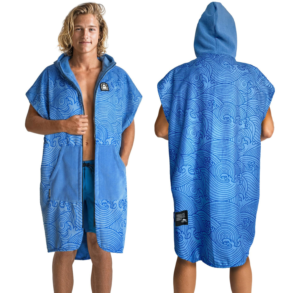 Pilotfish Surf Poncho Changing Robe Towel - Hooded, Zippered Towel Poncho for Beach, Surfing, Swimming | 2 Front Pockets, Machine Washable, (Mocha Serape, Large)