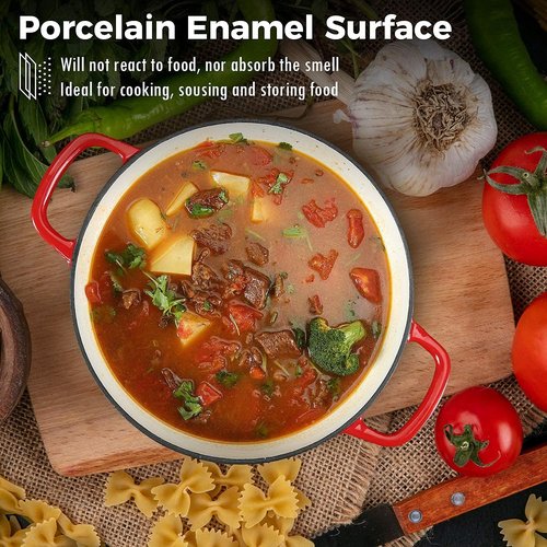 COOKWIN Cast Iron Dutch Oven - 3.8 Quart Enameled Casserole with Lid & Dual Handles - Red