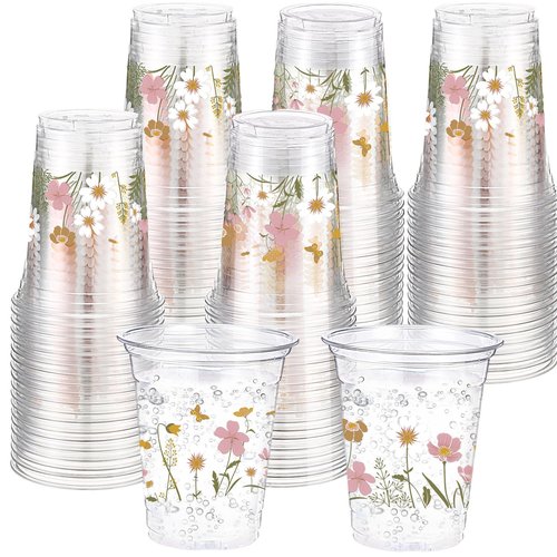 Hushee 60 Pcs Boho Floral Cups with Spring Summer Flower 16 oz Wildflowers Plastic Disposable Drinking Cups for Summer Spring Autumn Birthday Baby Shower Party Supplies