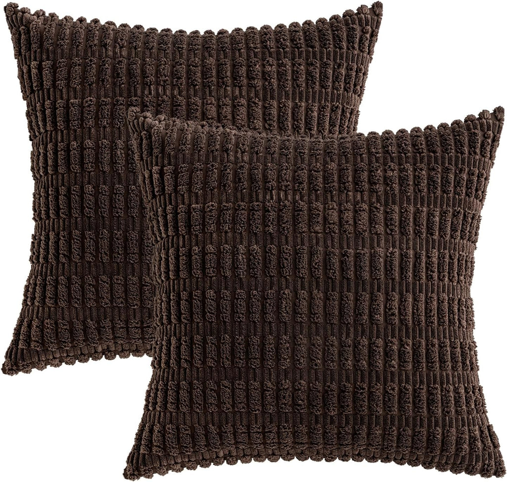 MIULEE Euro Sham Pillow Covers - Soft Corduroy Boho Striped Design | 24x24 Inch Dark Brown for Modern Home Decor
