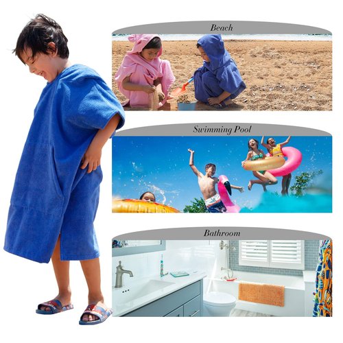 MissShorthair Towel Poncho for Kids, Hooded Beach Towel for Girl&Boy, Surf Poncho Swim Changing Robe Microfiber Bath Towel 7-10 Years Bear Blue