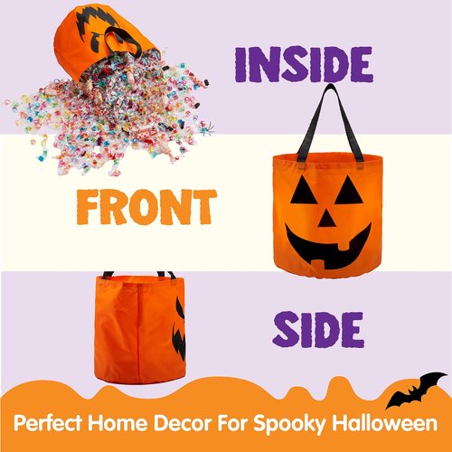JOYIN 2 PCS Halloween Trick or Treat Bags 10 x 11.8 inches LED Light Orange Pumpkin Buckets Reusable Goody Candy Bucket for Kids Trick or Treating, Halloween Birthday Party Favor Supplies