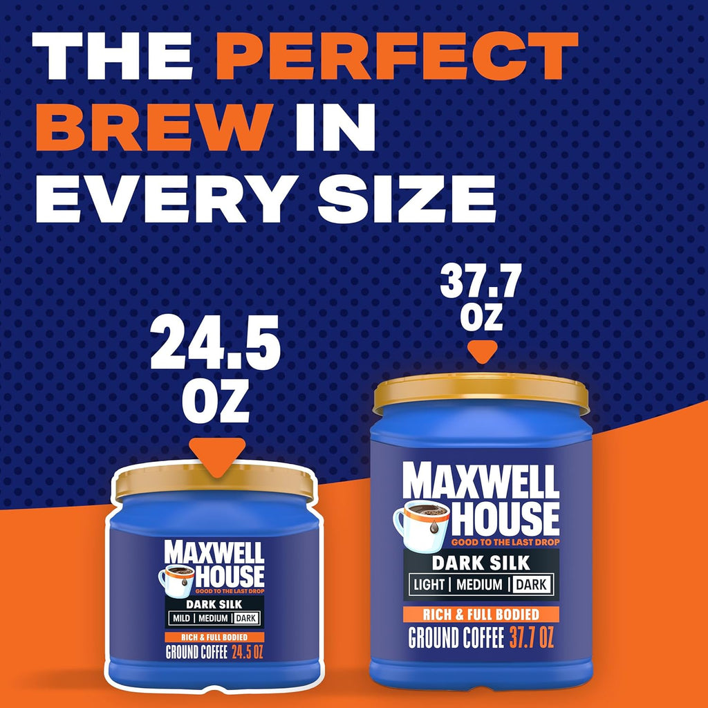 Maxwell House Dark Silk Ground Coffee - Rich Dark Roast, 24.5 oz Canister for Bold Flavor