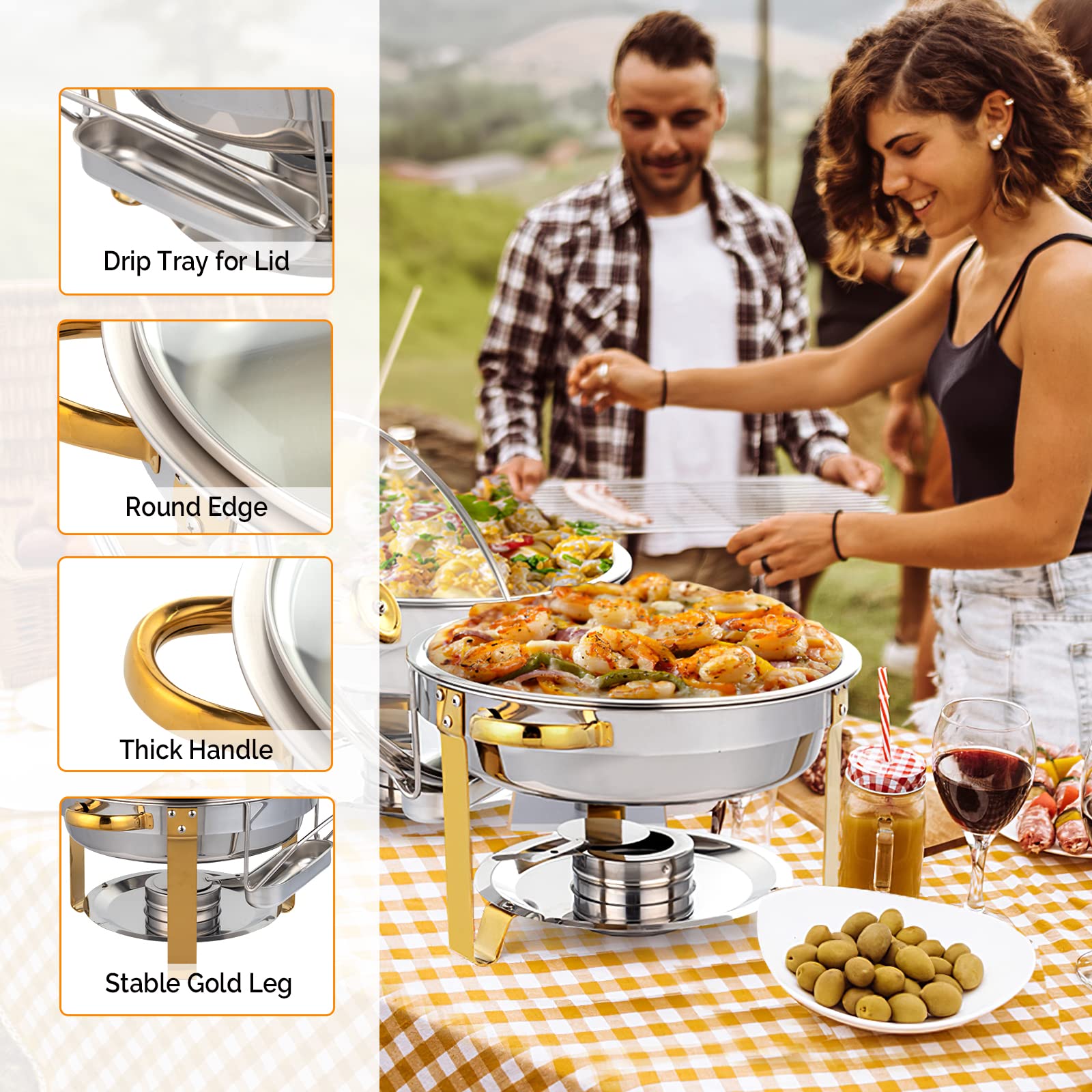 ROVSUN 5QT 2 Packs Chafing Dish Buffet Set Gold Accent, NSF Round Stainless Steel Buffet Warmer Chafers and Buffet Warmers Sets with Glass Lid & Lid Holder for Catering Events Parties Weddings Dinners
