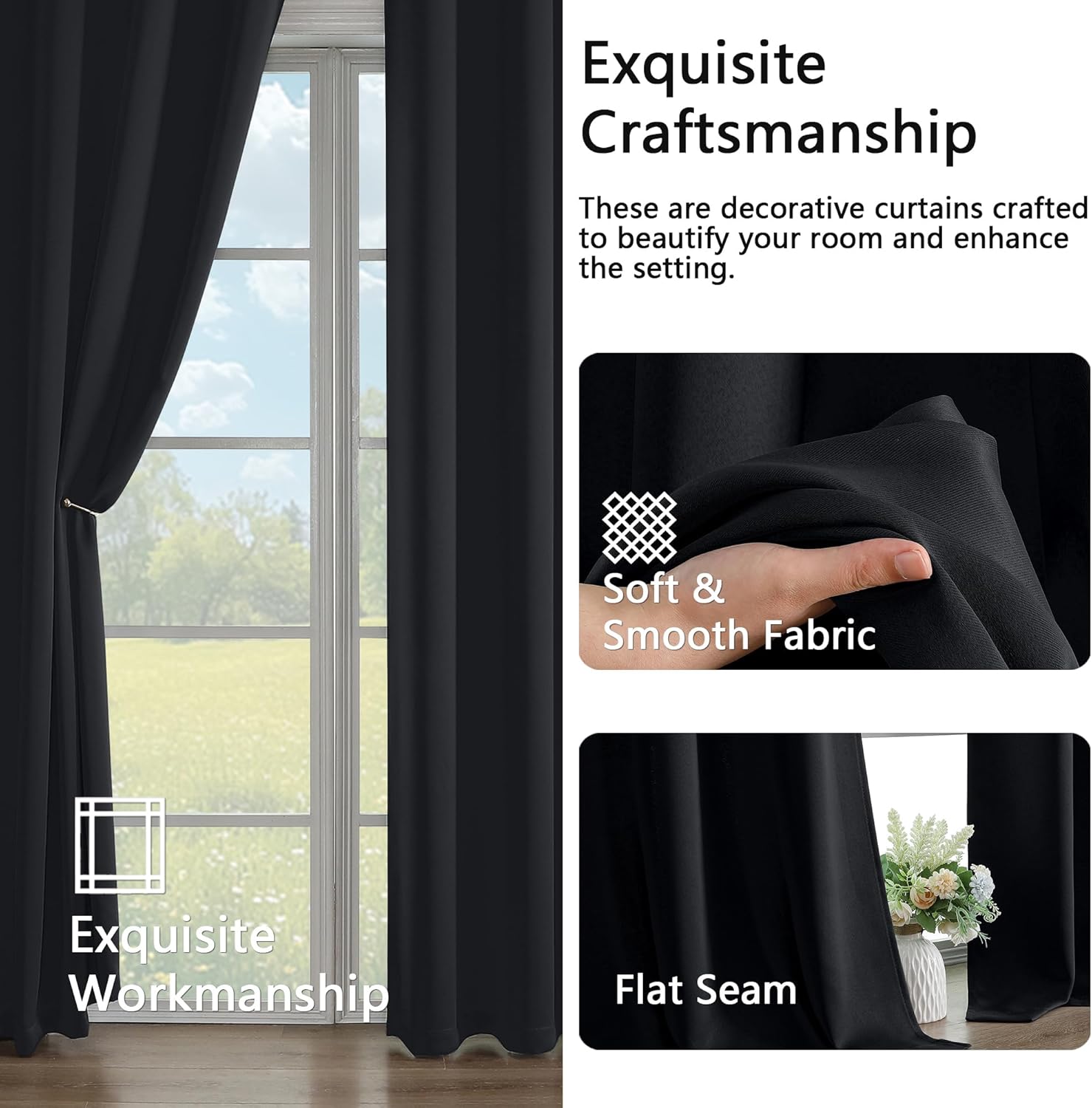 Simplebrand Blackout Curtains - Thermal Insulated Room Darkening Drapes | 63 Inch Length, 2 Panels Set, Black